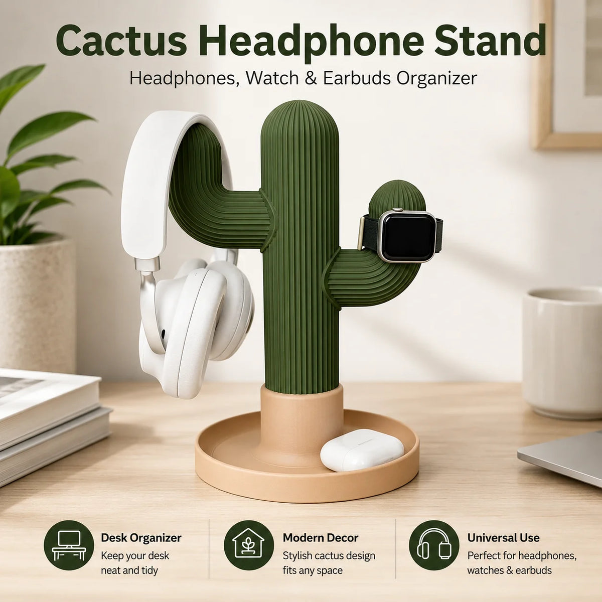 Cactus Headphone Stand & Desk Organizer | Watch & Earbud Tray Headphone Desk Stand QXL
