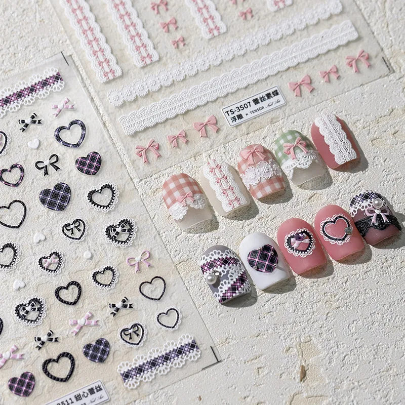 3D Kawaii Nail Stickers – Pink Bowknot & Black Lace Decals Nail Art Stickers QXL