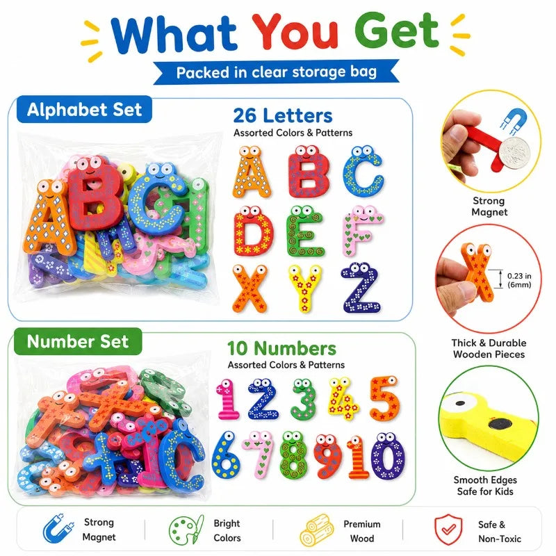 Magnetic Wooden ABC 123 Fridge Magnets for Kids | Learning Toy Educational Magnet Set QXL