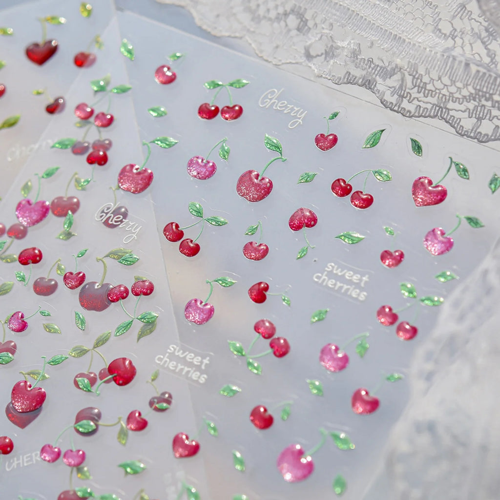 5D Cherry Embossed Nail Stickers | Gradient Pink Red Decals Nail Art Stickers QXL