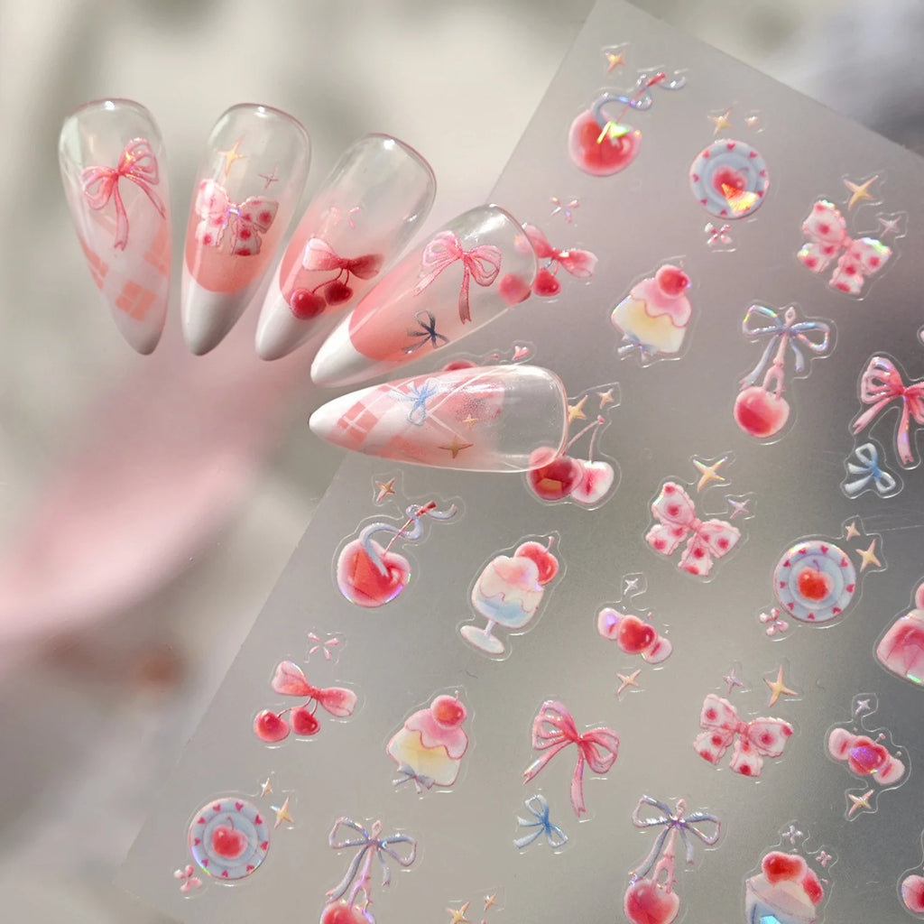 5D Nail Stickers Y2K Cherry Bow Sakura Glitter Decals | NAILFYOU Nail Art Stickers QXL