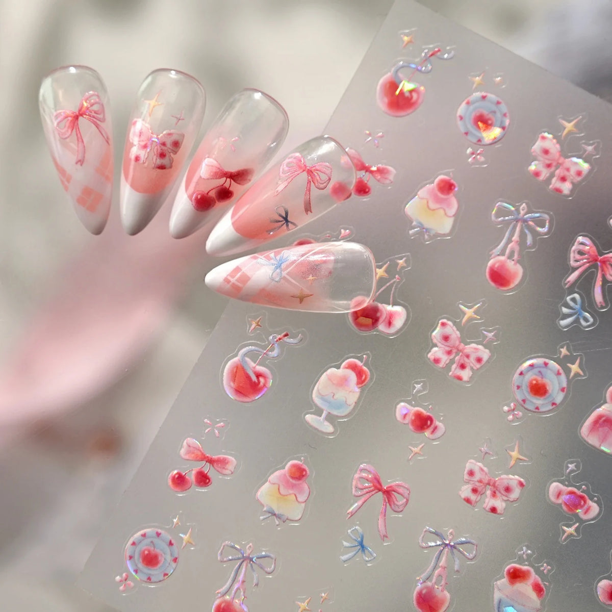 5D Nail Stickers Y2K Cherry Bow Sakura Glitter Decals | NAILFYOU Nail Art Stickers QXL
