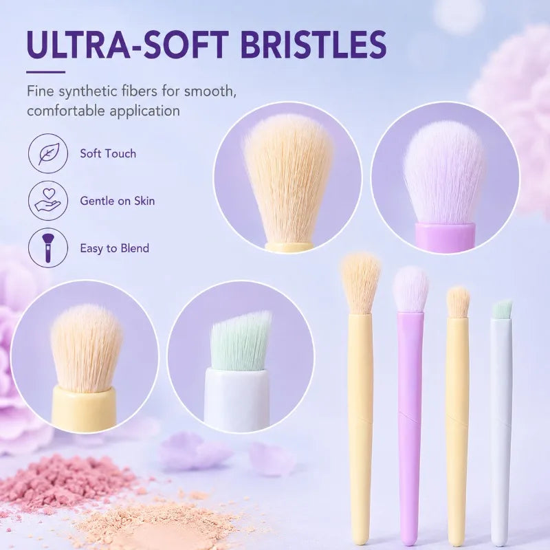5-Pc Macaron Mini Eye Brush Set with Velour Powder Puff Mini Makeup Brush Set QXL
