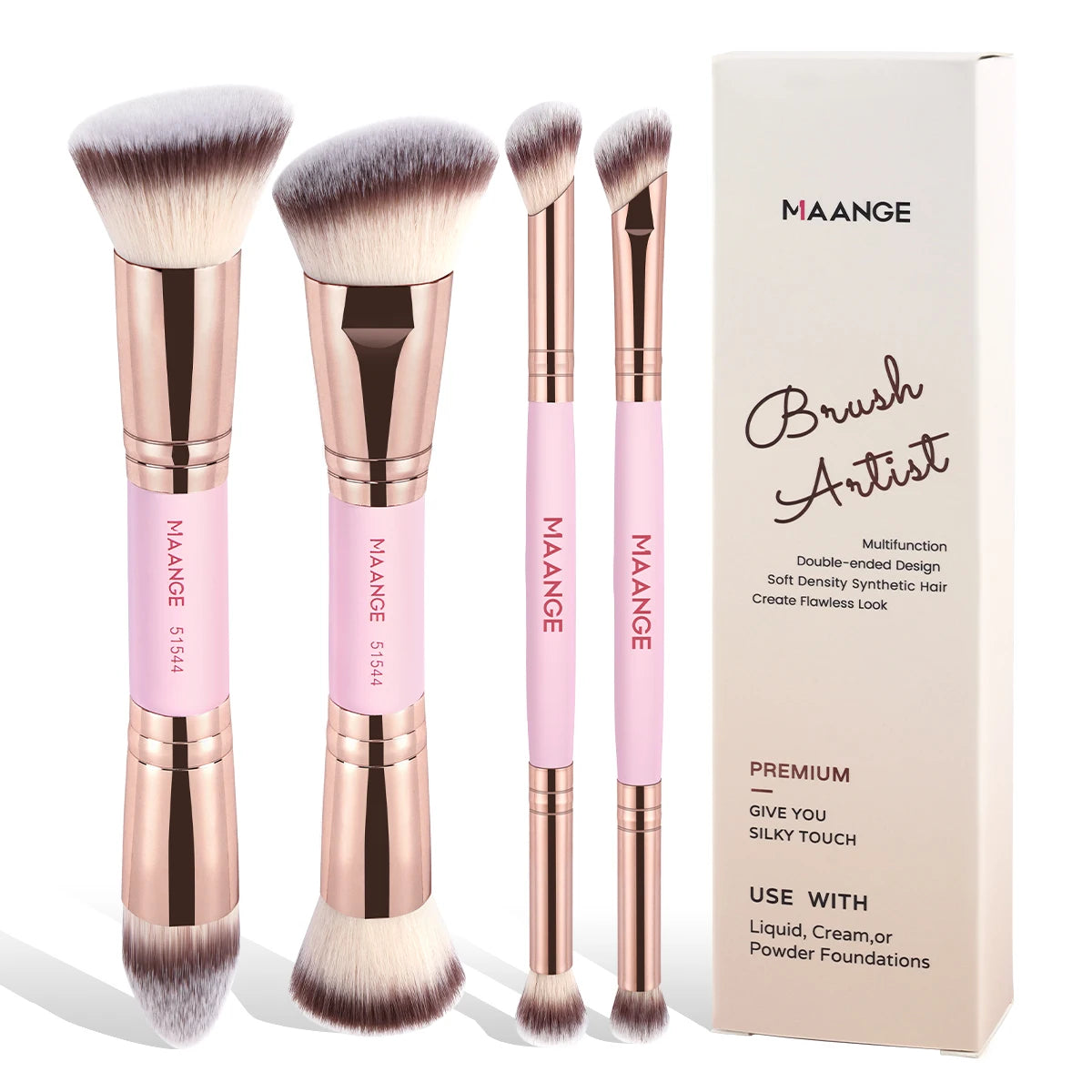 MAANGE 4-Pc Dual-Ended Makeup Brush Set | Travel Box Makeup Brush Set QXL Pink