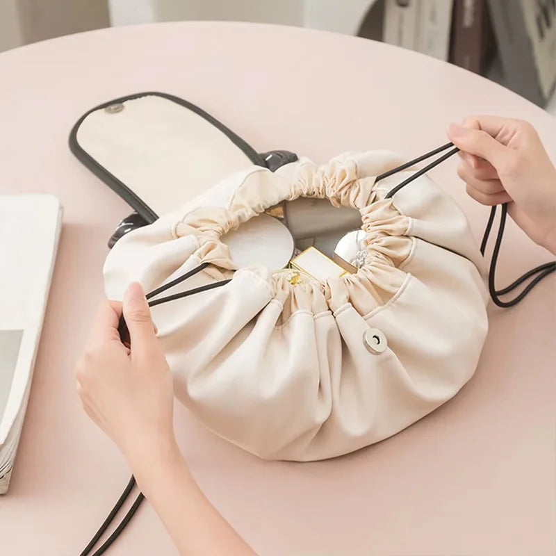 Drawstring Makeup Bag | PU Leather Travel Cosmetic Organizer Drawstring Cosmetic Bag QXL