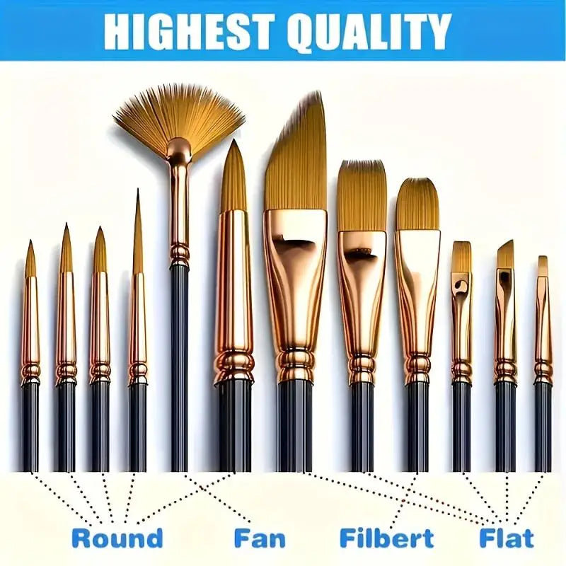 12-Piece Nylon Flat Artist Brush Set – Watercolor, Oil & Fabric Artist Brush Set QXL