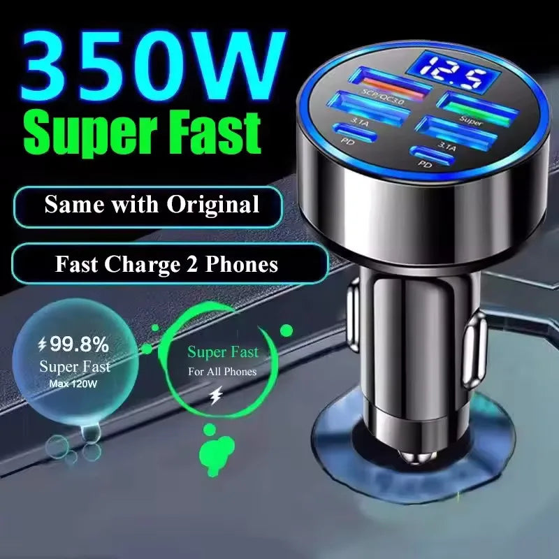 120W USB-C Car Charger QC3.0 PD – 4 USB + 2 Type-C Ports USB-C Car Charger QXL