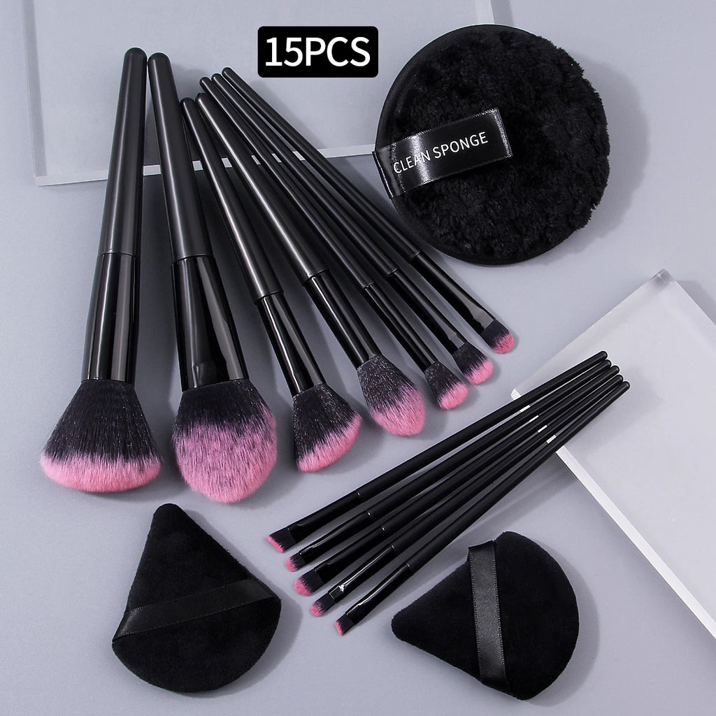 15-Pc Makeup Brush Set | Fan, Puff & Full Face Brushes Makeup Brush Set QXL black