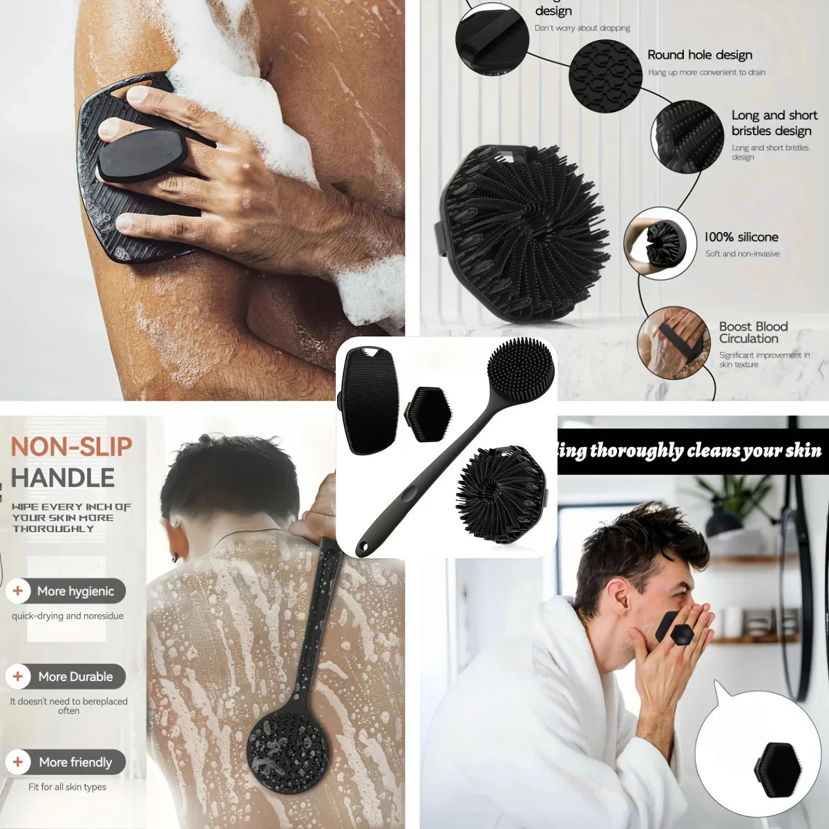 4-Piece Silicone Bath & Face Cleansing Brush Set | Non-Slip Bath & Face Brush Set QXL