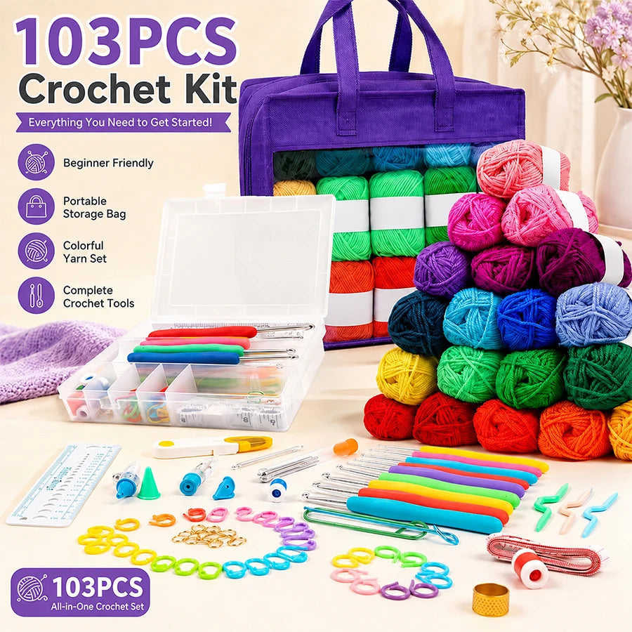 103-Piece Crochet Kit for Beginners | Hooks, Yarn & Bag Crochet Starter Kit QXL Purple