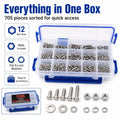 705-Pc M3 M4 M5 Stainless Steel Hex Bolts Nuts Washers Kit Fastener Assortment Kit QXL 705PCS
