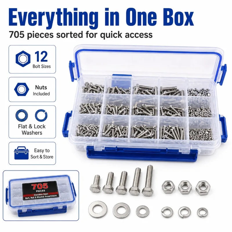 705-Pc M3 M4 M5 Stainless Steel Hex Bolt Nut Washer Kit + Box Fastener Assortment Kit QXL 705PCS
