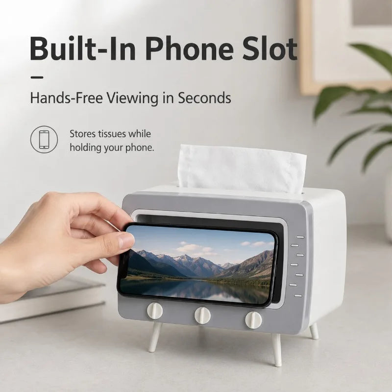 Retro TV Tissue Box Holder with Phone Stand | Desktop Decor Tissue Box Holder QXL
