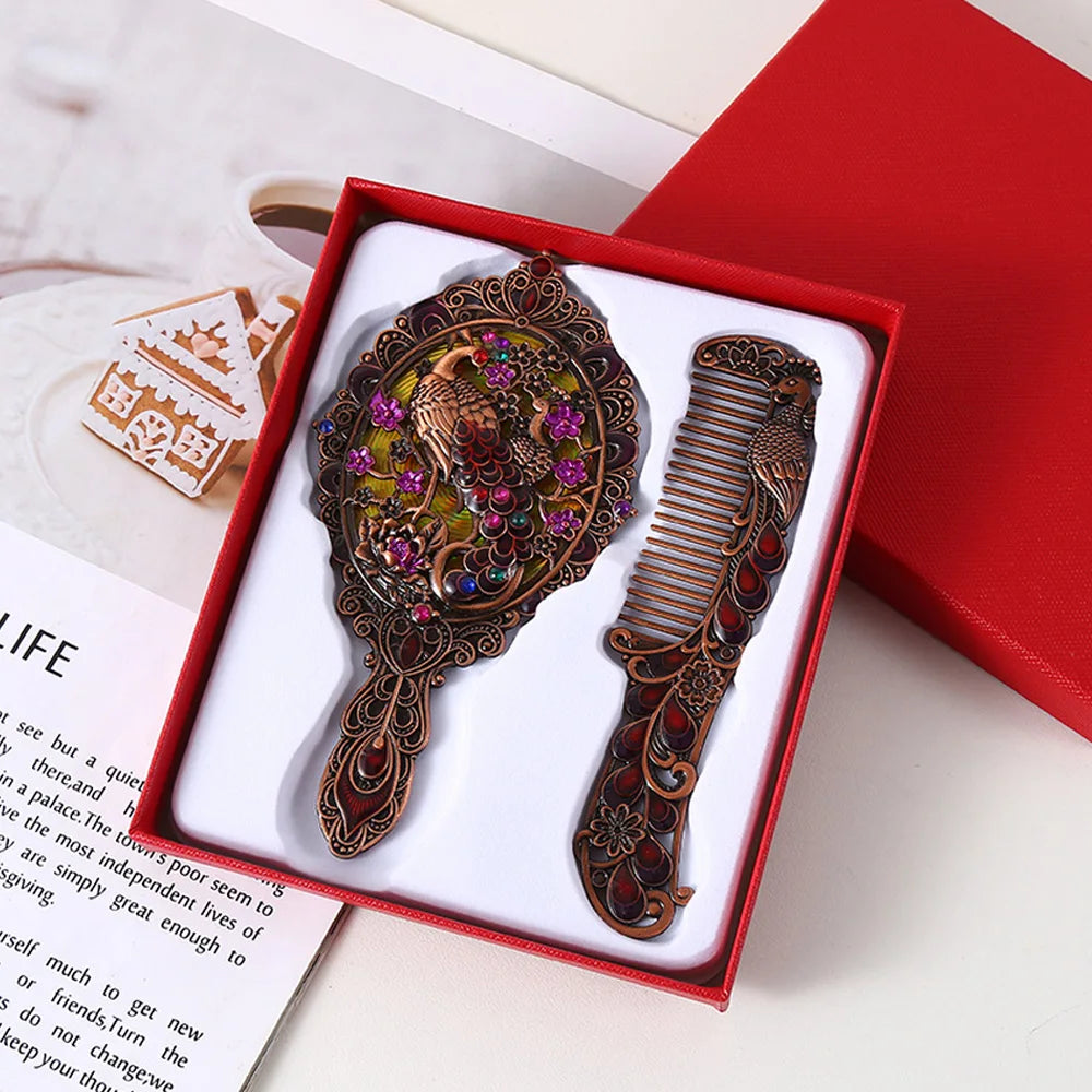 Peacock Embossed Metal Handheld Mirror & Comb Set – 2 Pcs Vanity Mirror Set QXL Red