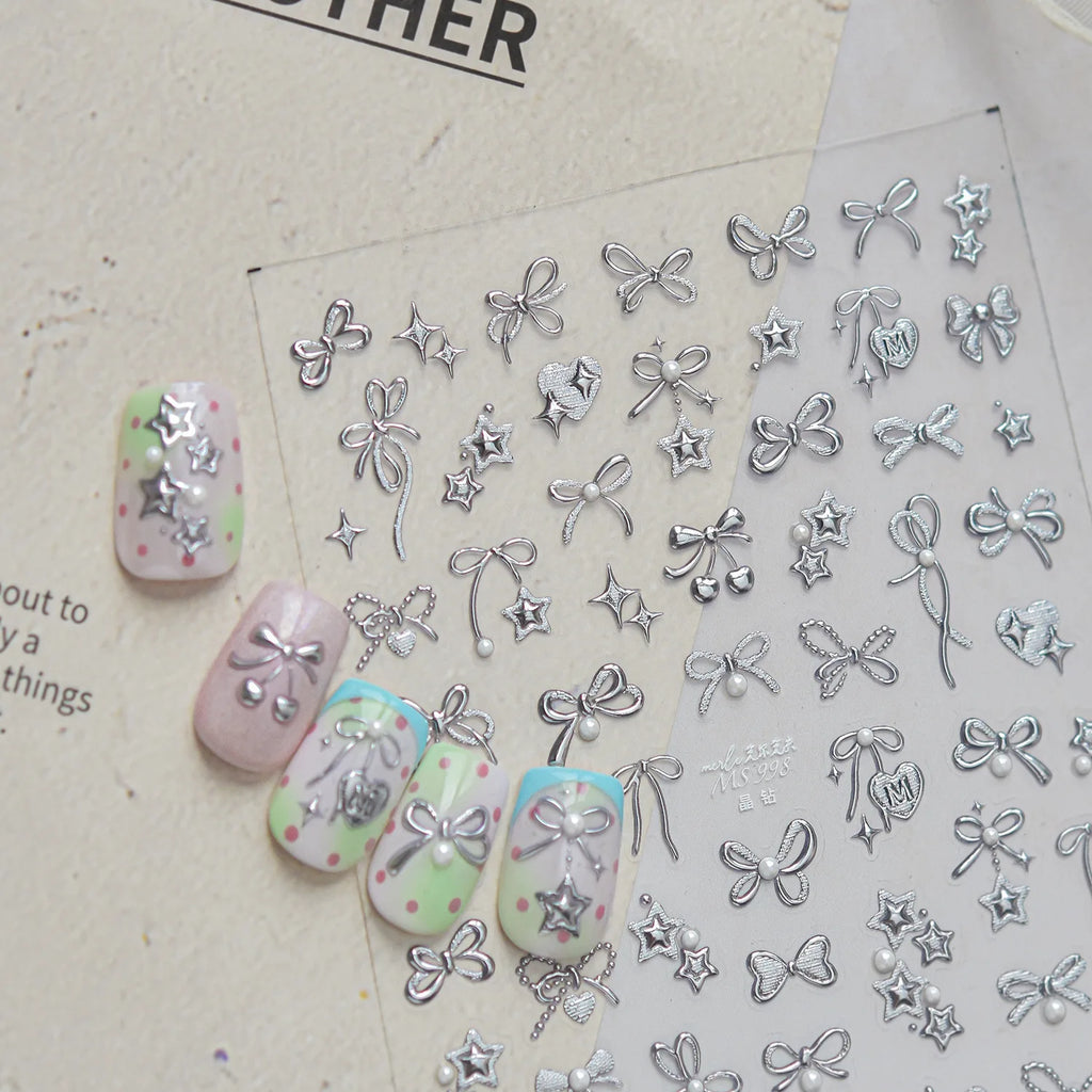 5D Metal Bow Nail Stickers – Star Heart Pearl Tassel Decals Nail Art Stickers QXL