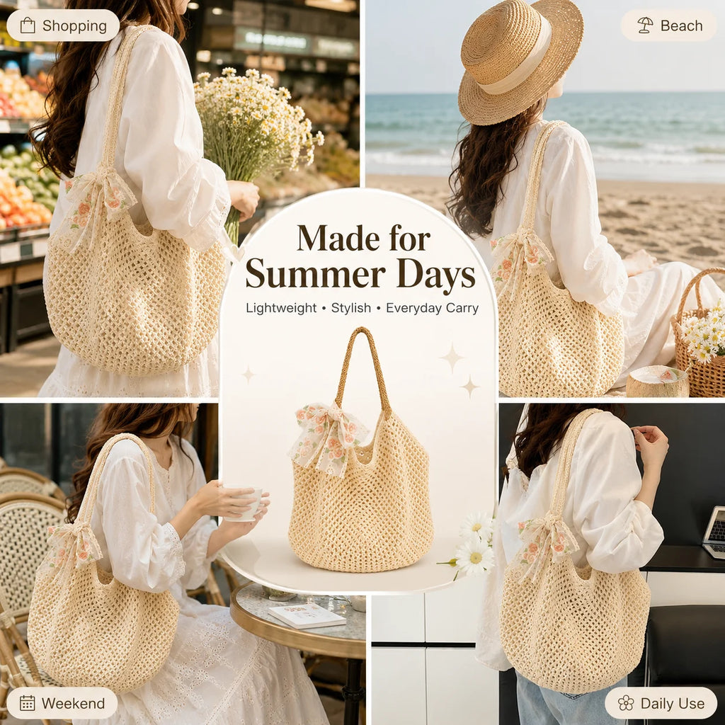 Women's Crochet Tote Bag | Lace Bow Woven Beach Shoulder Bag Crochet Shoulder Tote QXL