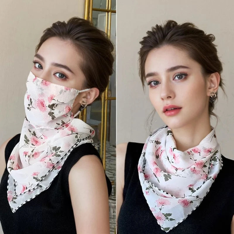 Women's UPF 50+ Floral Chiffon Sun Scarf & Neck Bandana Sun Protection Scarf QXL