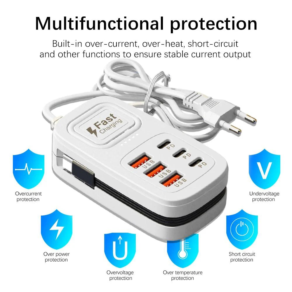 6-in-1 Desktop Charging Station | 3 USB-C PD & 3 USB Ports Desktop Charging Station QXL