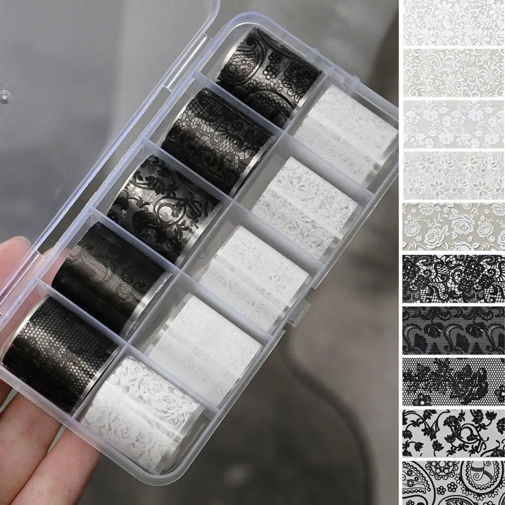 Self-Adhesive Lace Nail Foil Stickers | Black & White 10 Rolls Nail Foil Stickers QXL