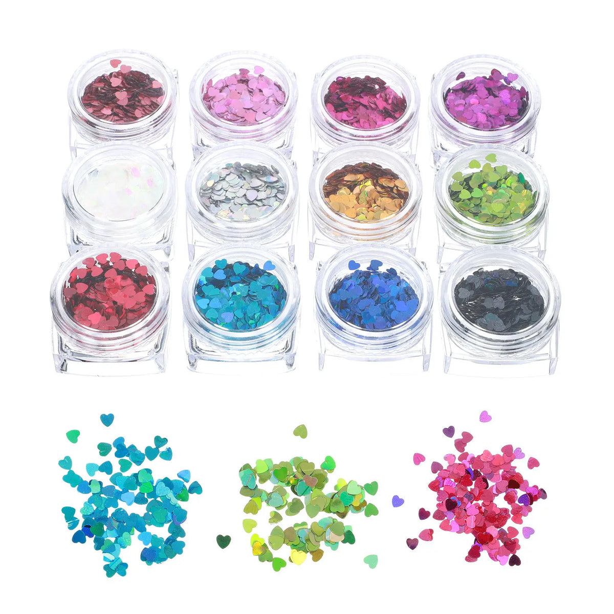 Heart Shaped Holographic Nail Sequins & Glitter Set – 12 Boxes Nail Art Sequins QXL