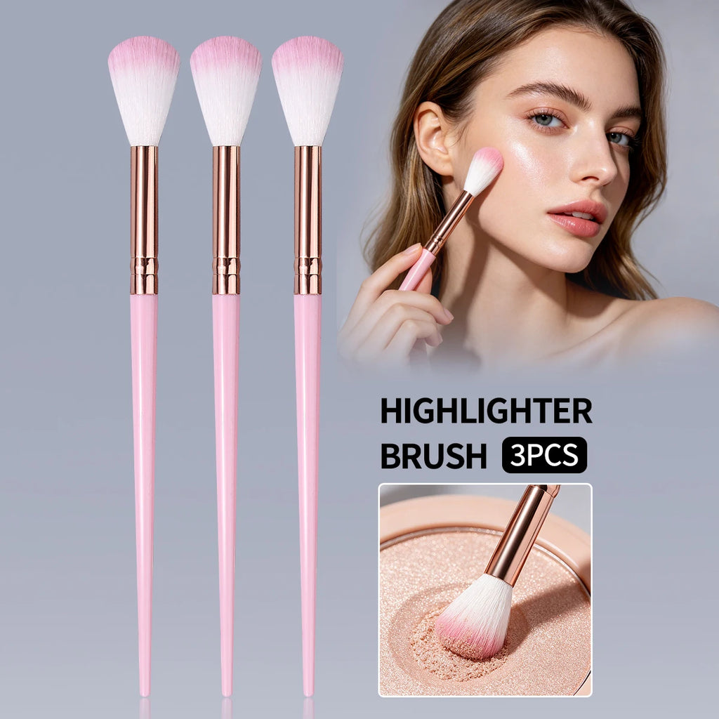 3-Pack Pink Highlighter Makeup Brushes | Rose Gold Ferrule Set Makeup Brush Set QXL Pink