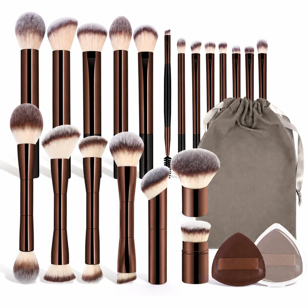 LUXEBLEND 23-Pc Makeup Brush Set | Velvet Bag & Puffs Makeup Brush Set QXL Chocolate