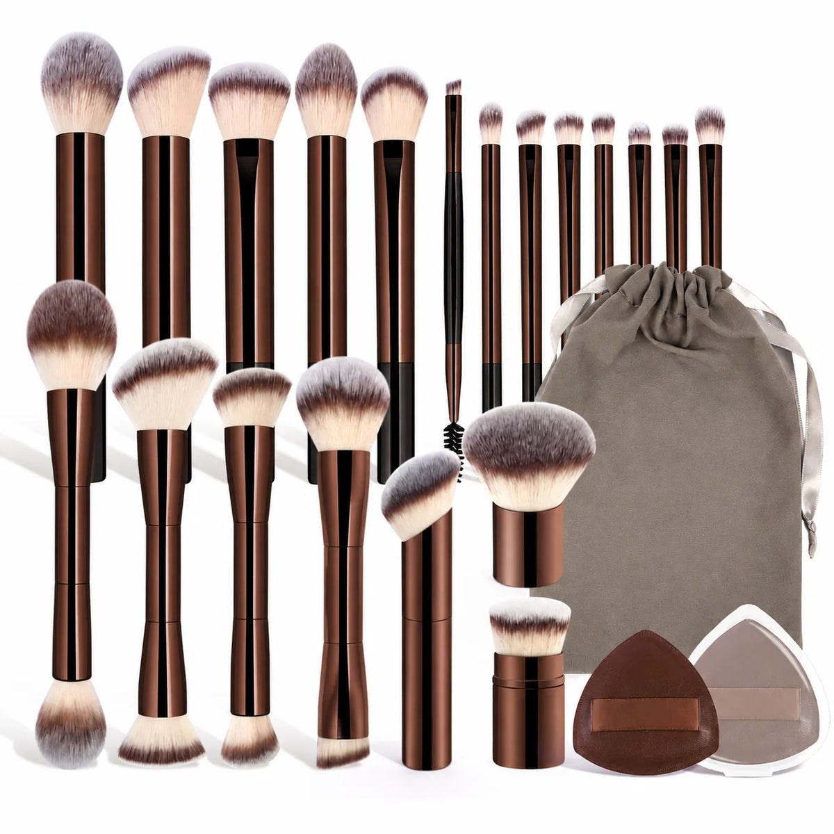 LUXEBLEND 23-Pc Makeup Brush Set | Velvet Bag & Puffs Makeup Brush Set QXL Chocolate