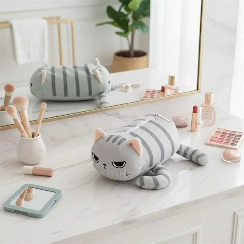 Kawaii Cat Plush Pencil Case – Large Gray Pouch for School Plush Pencil Case QXL