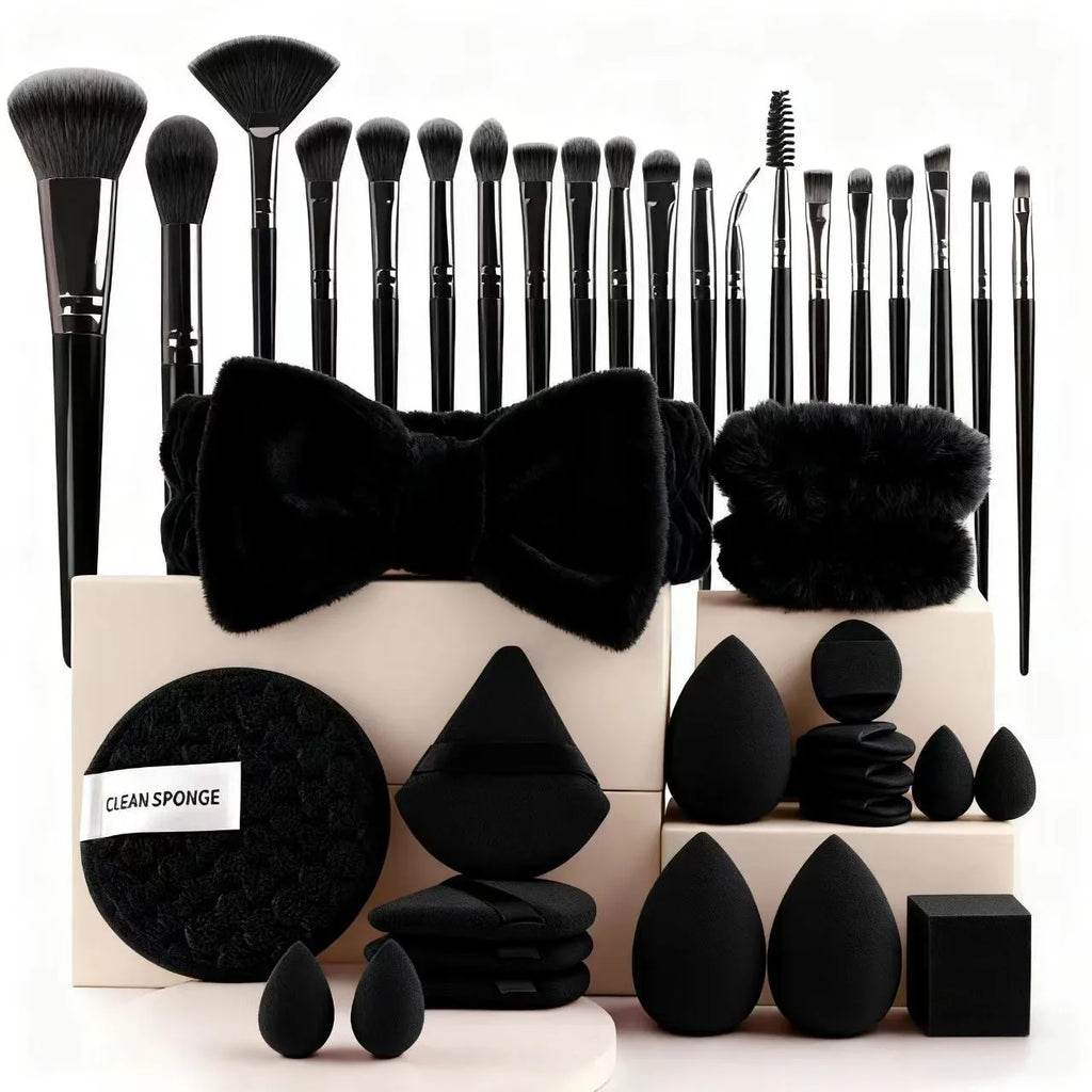 33-Pc Makeup Brush & Sponge Kit | Puffs, Headband & Wristbands Makeup Tool Set QXL black
