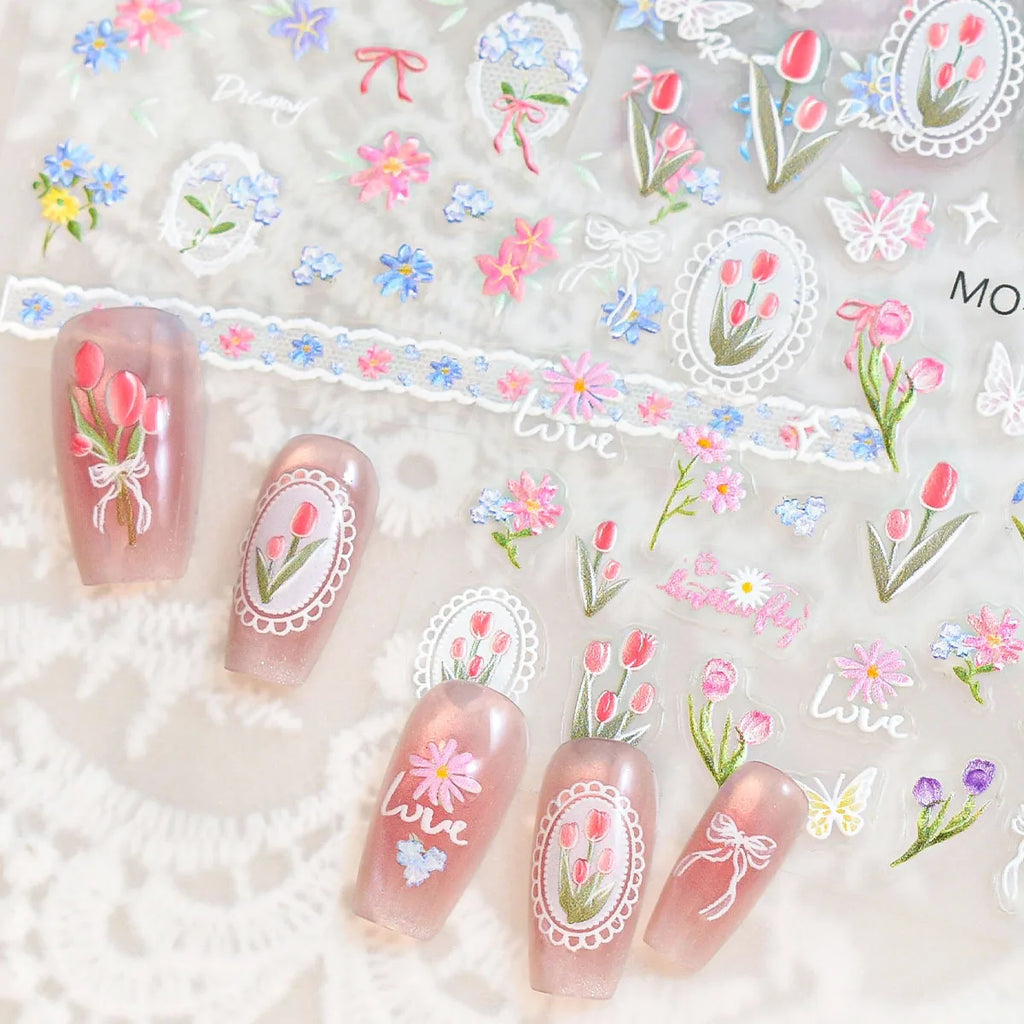 5D Embroidery Floral Nail Stickers | Tulip & Lace Decals Nail Art Stickers QXL
