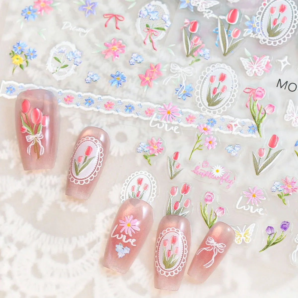 5D Embroidery Floral Nail Stickers | Tulip & Lace Decals Nail Art Stickers QXL