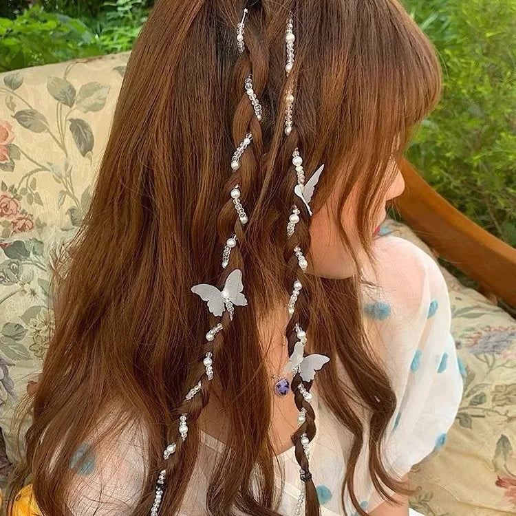 Butterfly Crystal Hairpin & Beaded Braid Hair Chain Clip Crystal Hair Clip QXL