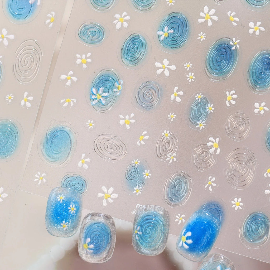 5D Summer Nail Stickers – Water Ripple & Daisy Beach Decals Nail Art Stickers QXL