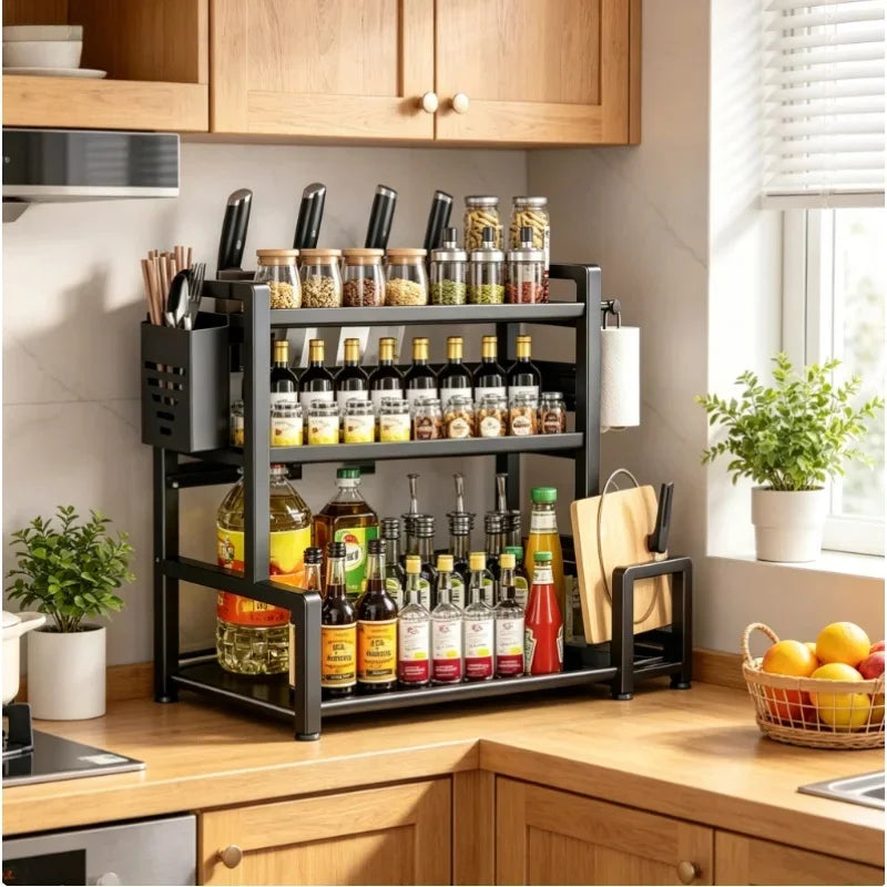 3-Tier Adjustable Metal Spice Rack with Knife Holder – Black Kitchen Spice Rack QXL