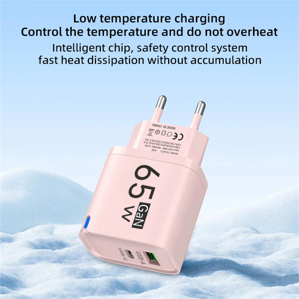 65W GaN Fast Charger USB-C PD QC 3.0 Dual Port Wall Adapter GaN Wall Charger QXL