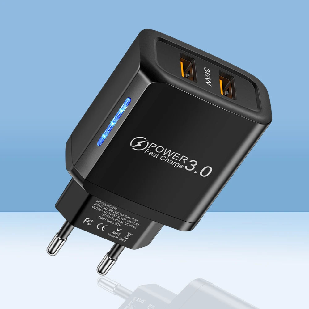 36W Dual USB Fast Wall Charger | Universal Travel Adapter USB Wall Charger QXL Black EU Plug