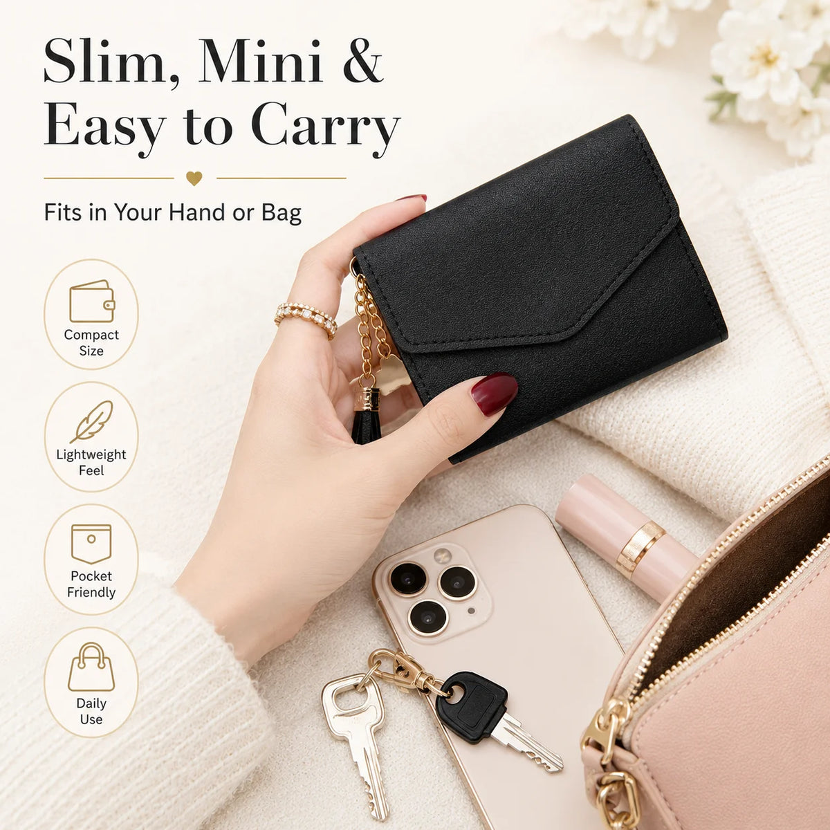 Women's Mini Clutch Wallet – Gold Snap, Tassel & Card Slots Mini Clutch Wallet QXL