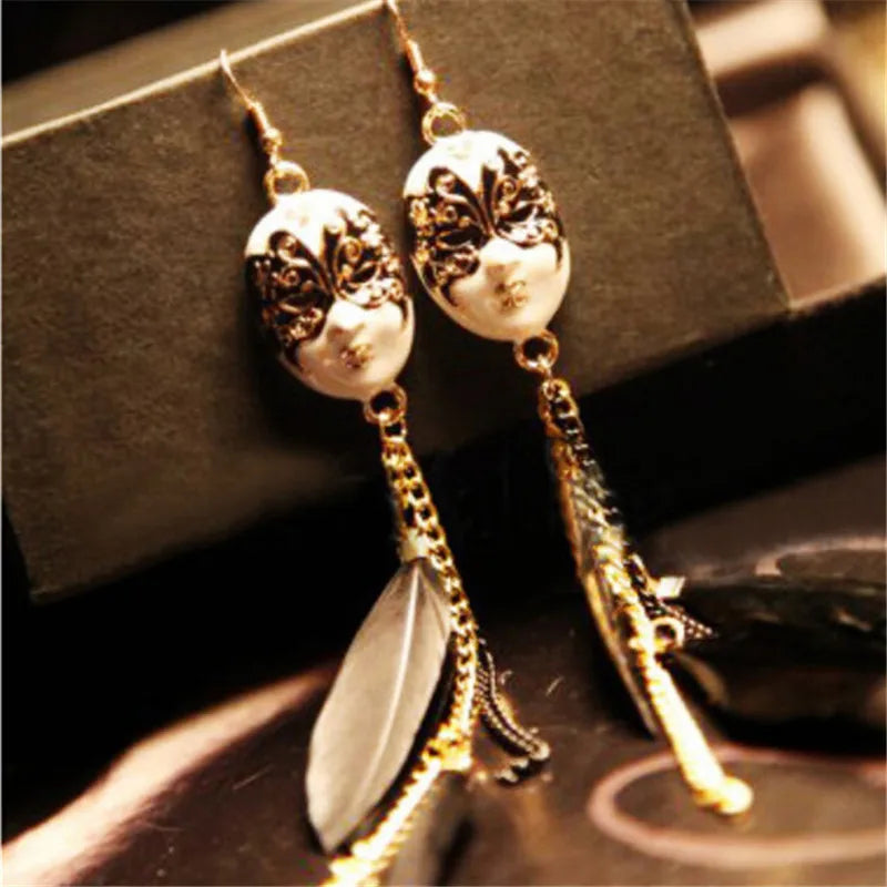Baroque Feather Tassel Mask Long Drop Earrings – Gold Drop Earrings QXL