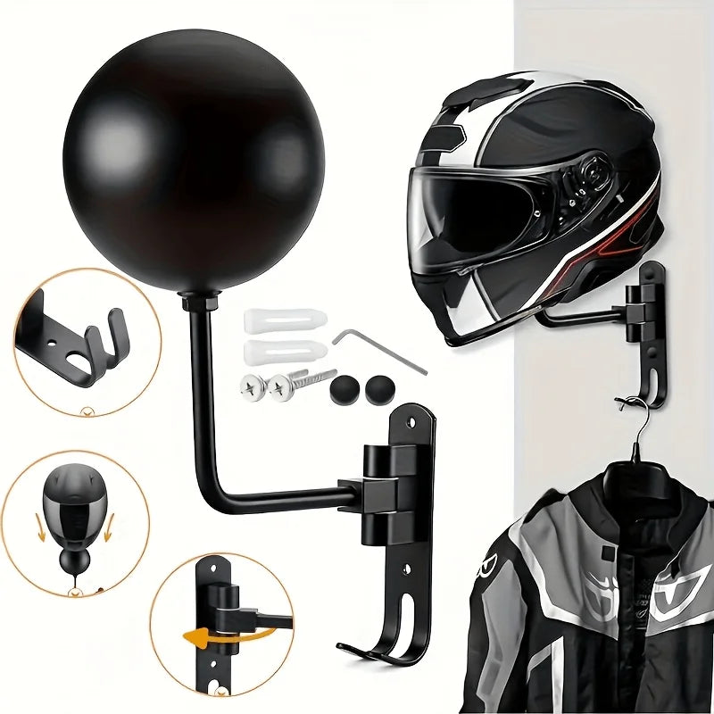 Wall-Mount Metal Motorcycle Helmet Rack | 180° Rotating Hooks Helmet Wall Rack QXL 1PC