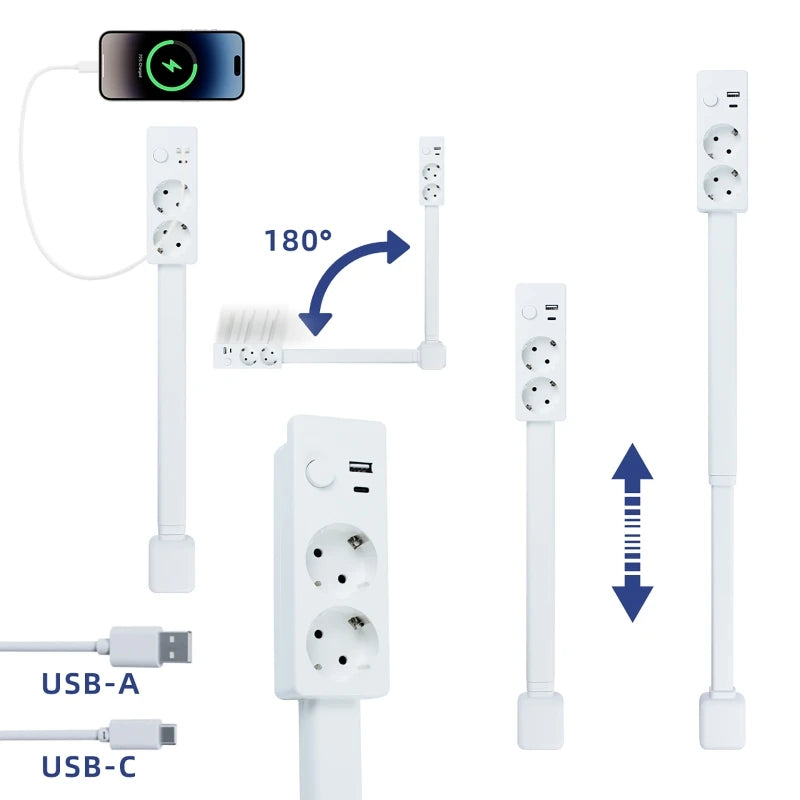 Retractable Power Strip 180° Rotating EU Plug Outlet Extender Retractable Power Strip QXL