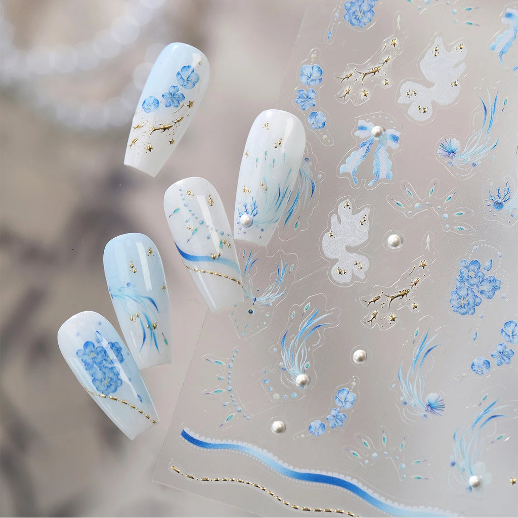 5D Blue Floral Nail Stickers | Pearl & Feather Self-Adhesive Decals Nail Art Stickers QXL