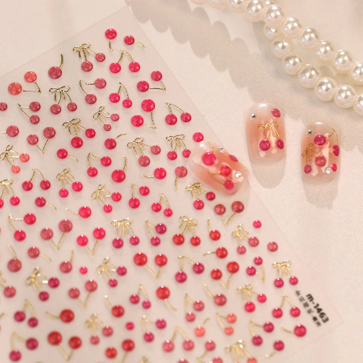 5D Vintage French Nail Stickers | Gold Cherry Bow Decals Nail Art Stickers QXL