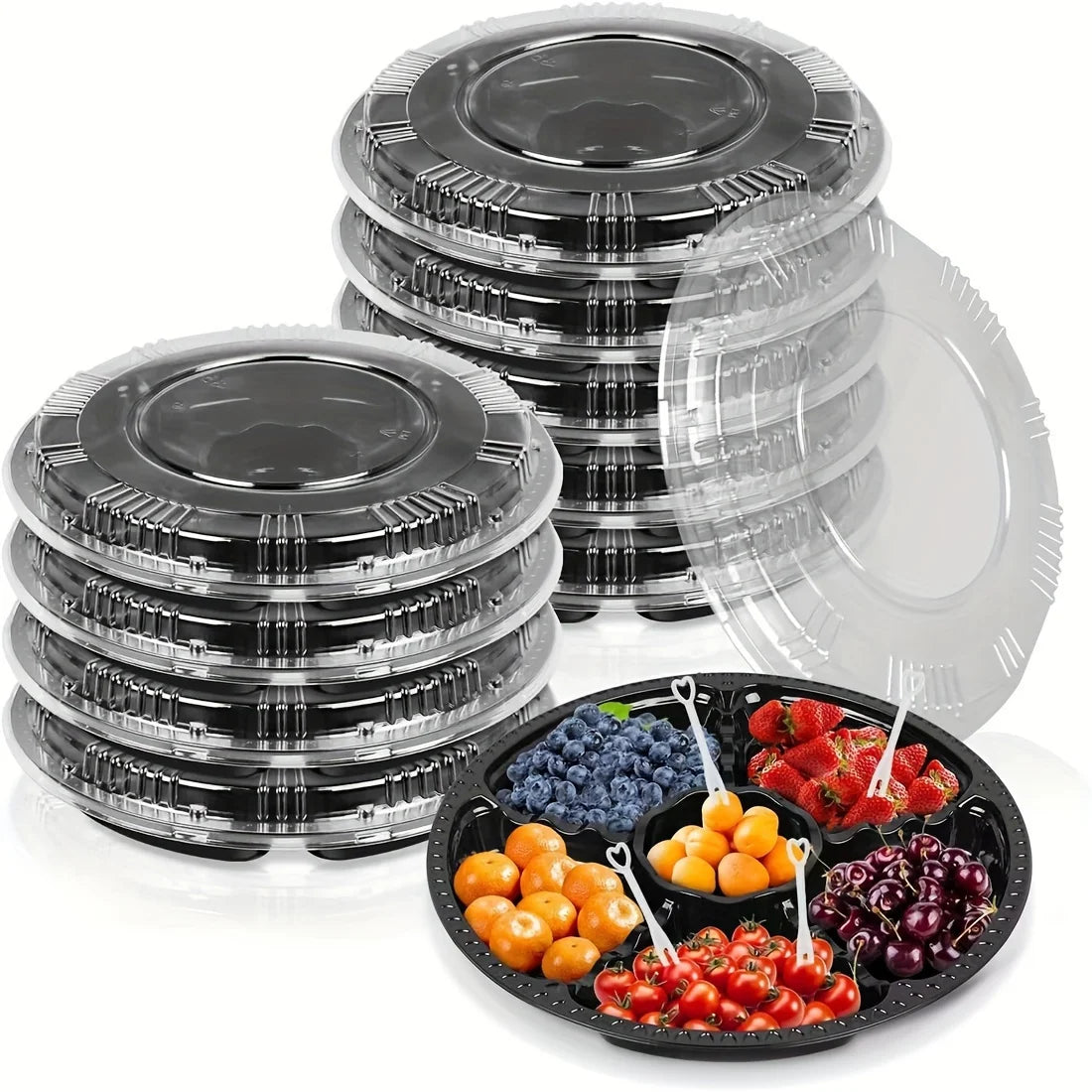 Round Plastic Appetizer Tray with Lid | Snack & Fruit Platter Appetizer Serving Tray QXL 5pcs