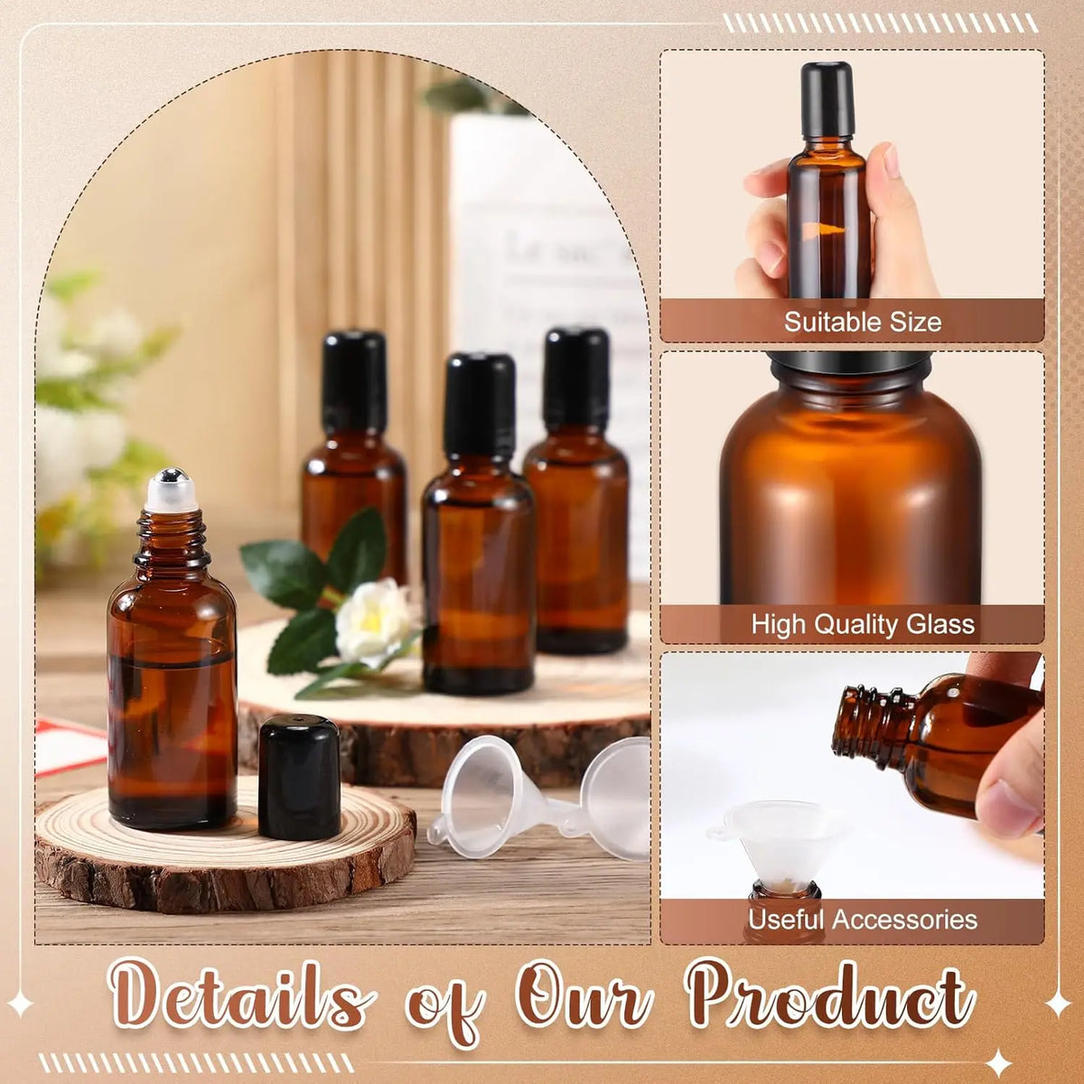 Amber Glass Roller Bottle | Refillable Essential Oil Roll-On Essential Oil Roller Bottle QXL