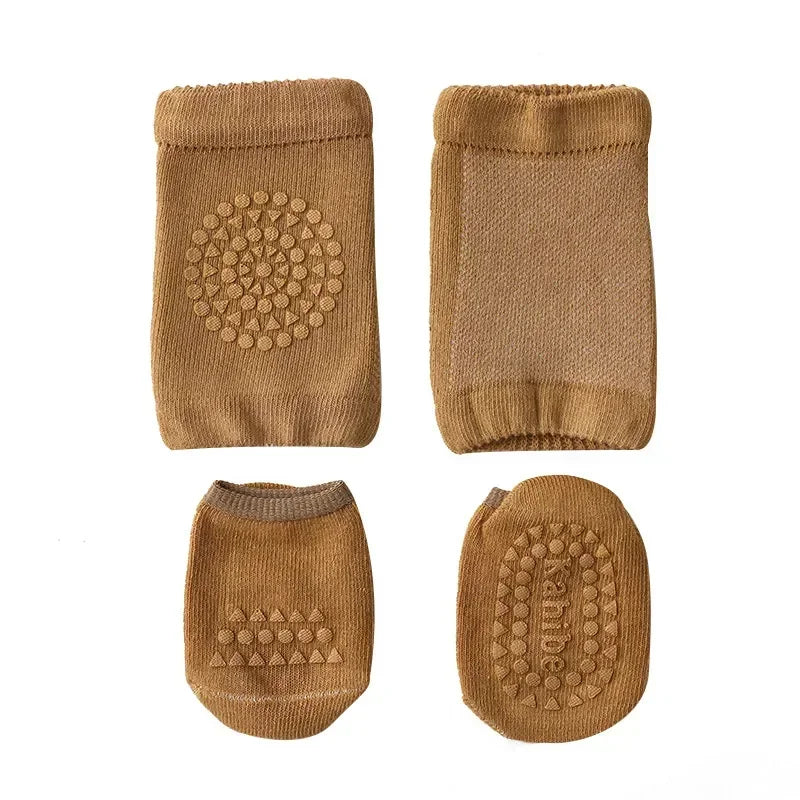 Baby Knee Pads & Anti-Slip Socks Set | Cotton Crawling Protector Baby Knee Pad Set QXL B284 Brown