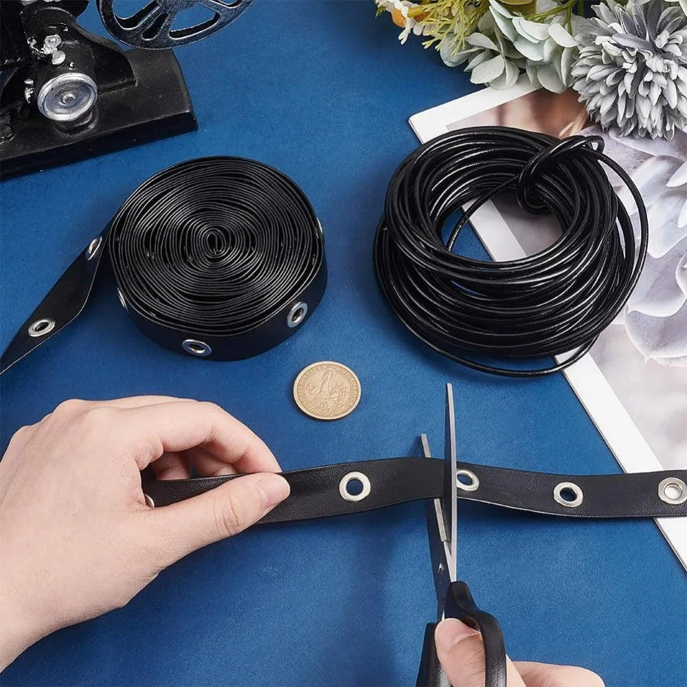 Black Leather Eyelet Grommet Tape 5 Yds + 10.9 Yd Cord Kit Eyelet Grommet Trim QXL