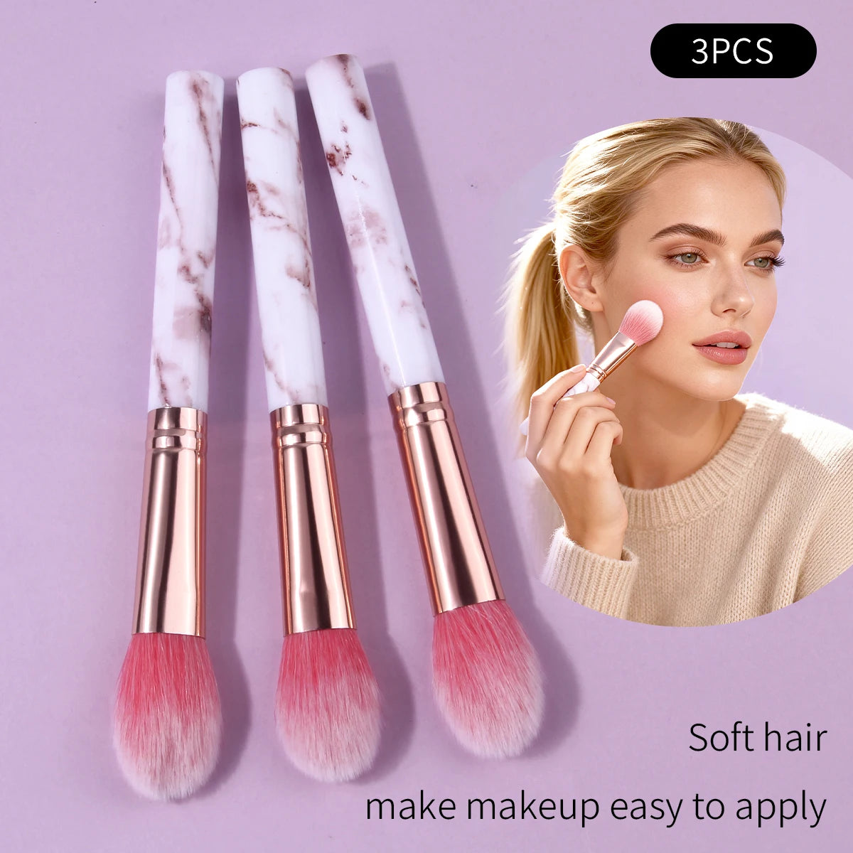 KOSSHOW 3-Pc Marble Makeup Brush Set – Blush, Powder & Contour Makeup Brush Set QXL Pink