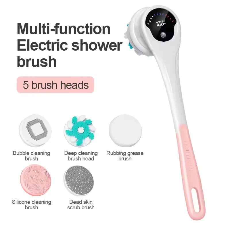 Electric Bath Brush 5 Heads IPX6 Waterproof Long Handle Scrubber Electric Bath Brush QXL Pink
