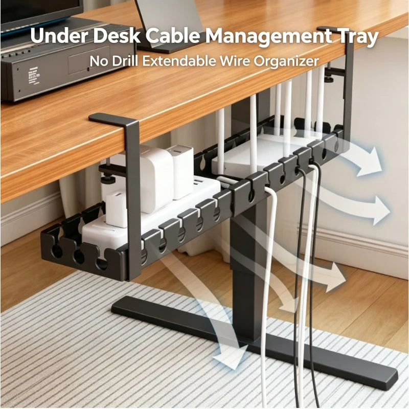No-Drill Telescopic Under-Desk Cable Management Tray | Metal Cable Management Tray QXL