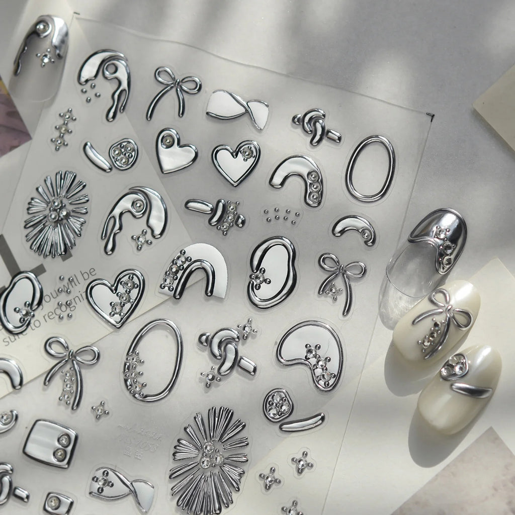 5D Silver Rhinestone Nail Stickers – Geometric & Heart Decals Nail Art Stickers QXL